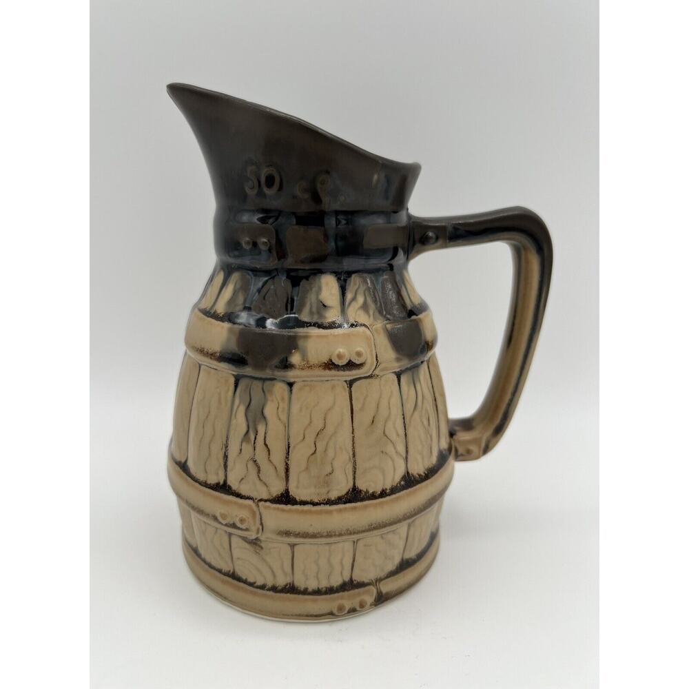 Vintage French Pottery 6” Barrel Creamer Pitcher Black Drip Glaze P65/50 France